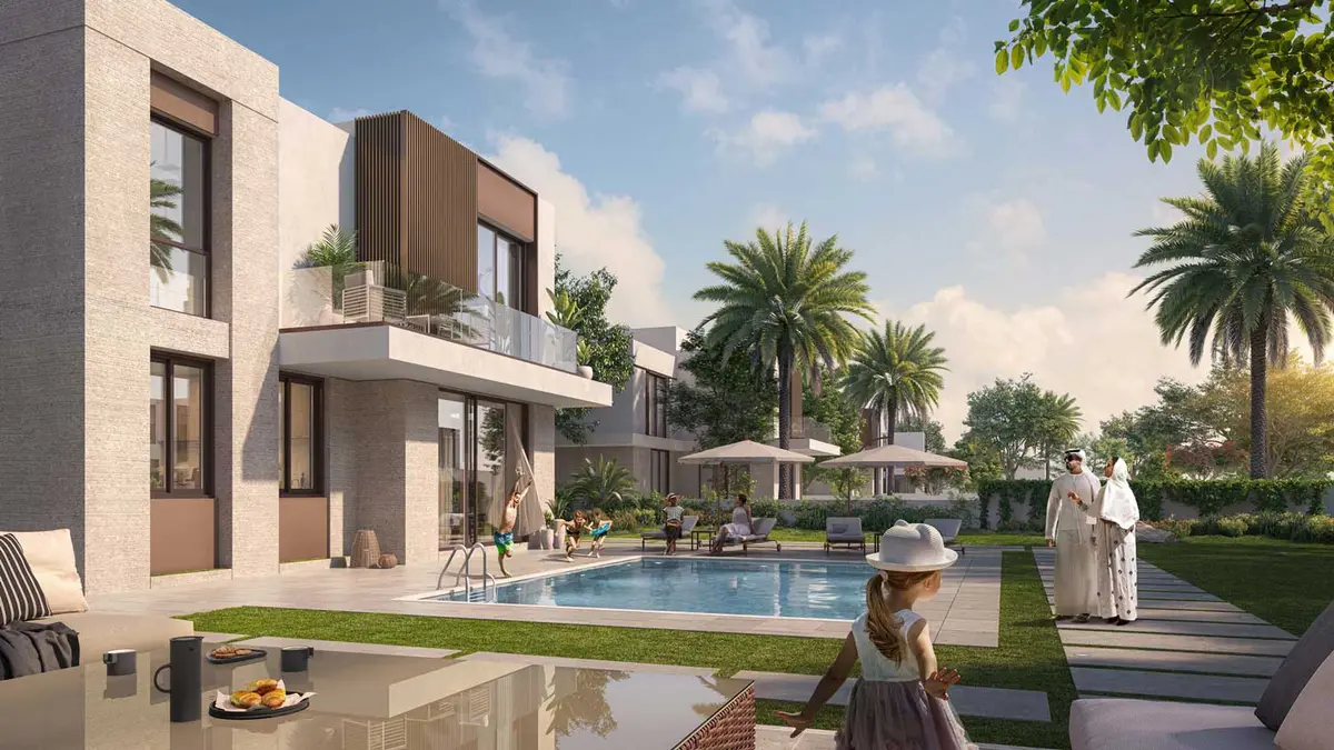 Two-storey modern villa with stone-clad facade and timber-slat balcony, overlooking a private backyard pool, landscaped garden and shaded outdoor lounge area where a family relaxes together.