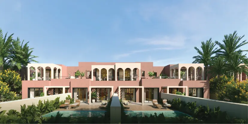 Rear elevation rendering of luxury modern two-story townhouses in terracotta stucco at Ogami, Ras El Hekma, featuring repeating arches forming upper-floor balconies, private patios shaded by white pergolas, private plunge pools, and lush tropical landscaping.