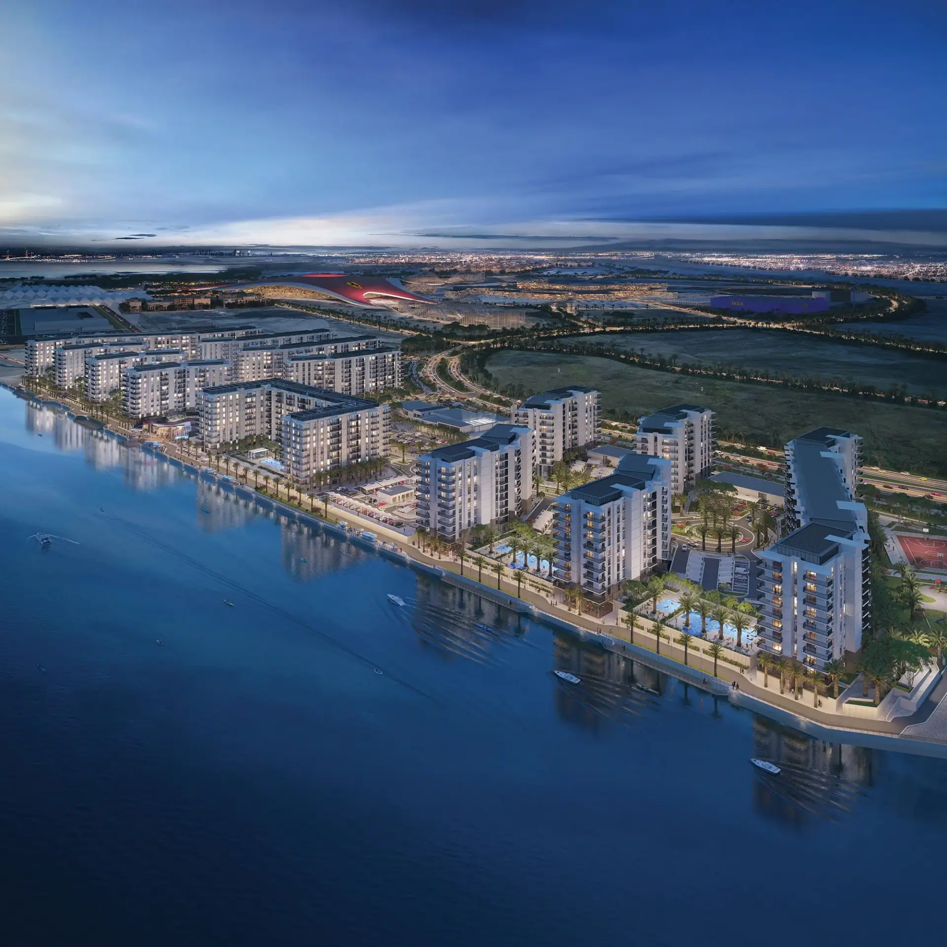 Aerial view of Yas Island, Abu Dhabi, showing waterfront and leisure attractions